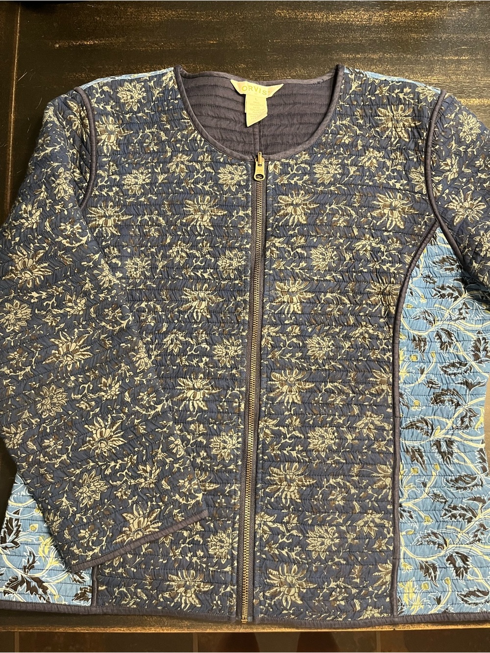 Orvis Navy Quilted Floral-Print Bomber Jacket with Light Blue Panels